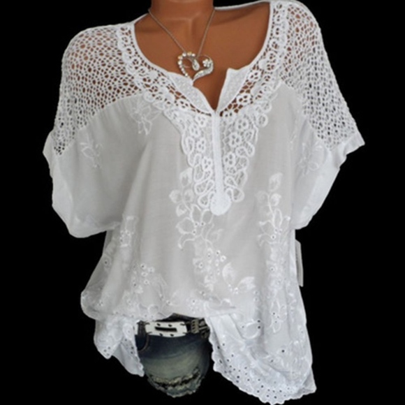 Available by Crystal Rose Tops - SALE🌹White Lace Hollow-Cut-Out Top
